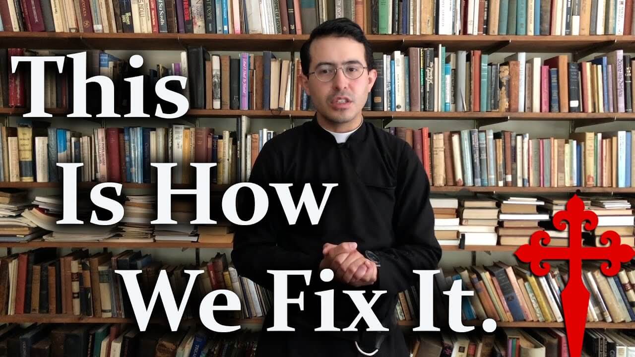 Catholic priest standing in front of library shelf full of books