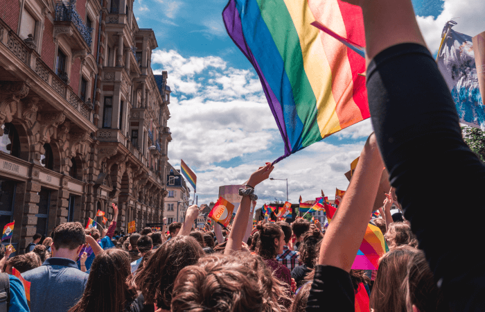 A crowd of people holding pride flag