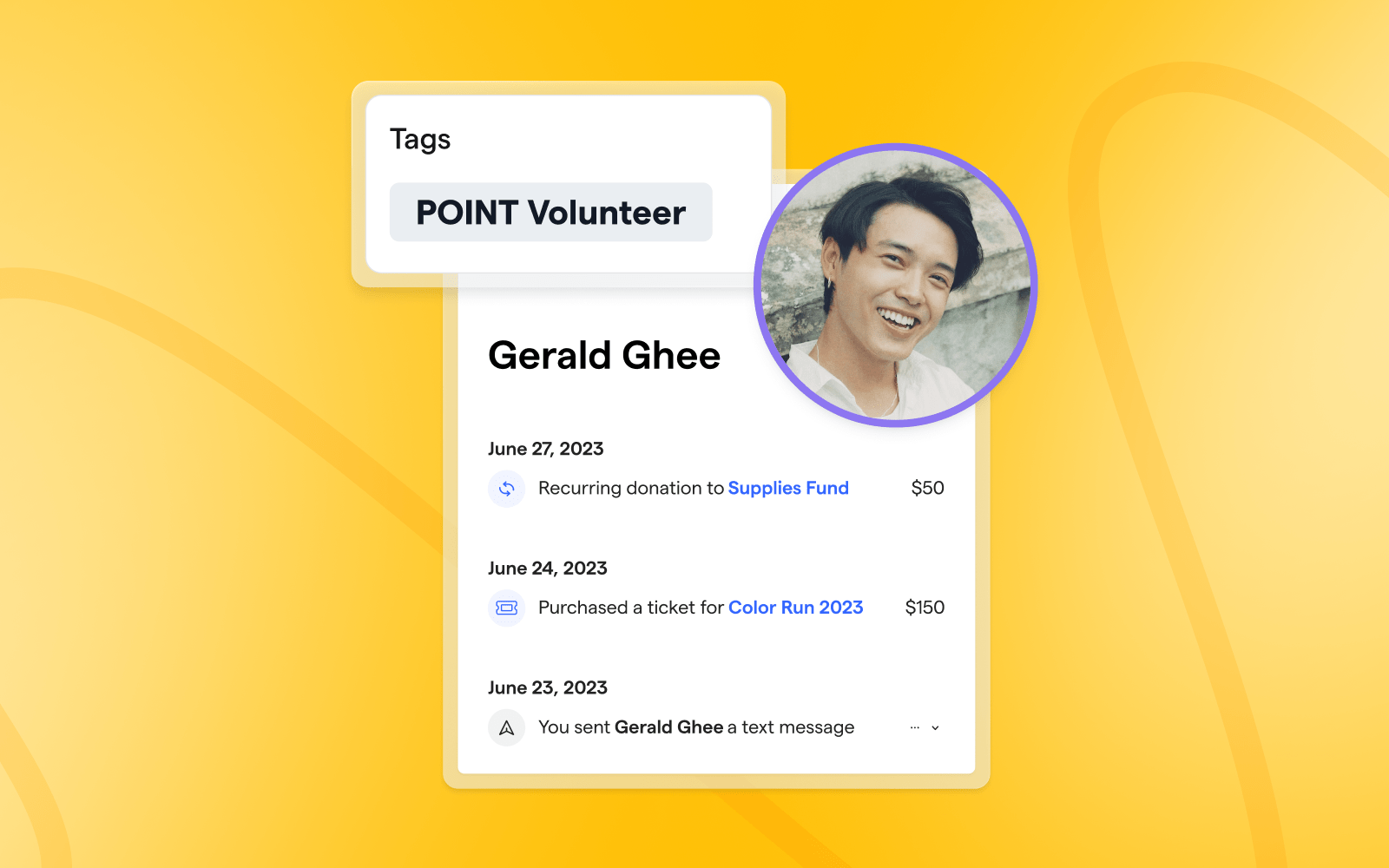 An example showing how a volunteer from POINT appears as a Givebutter contact in the CRM